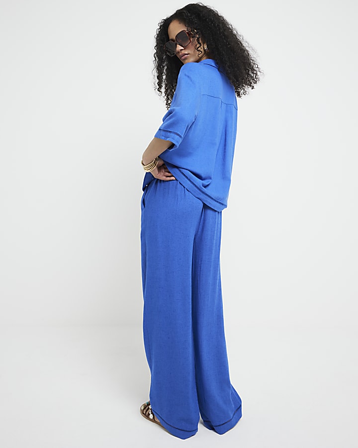 Blue Crochet Trim Wide Leg Trousers