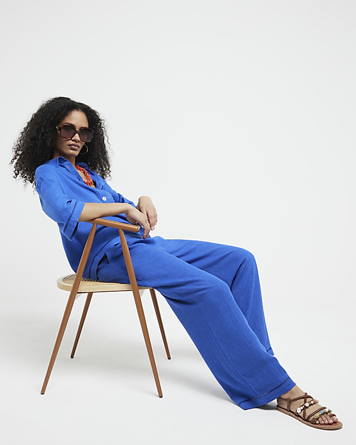 Blue Crochet Trim Wide Leg Trousers