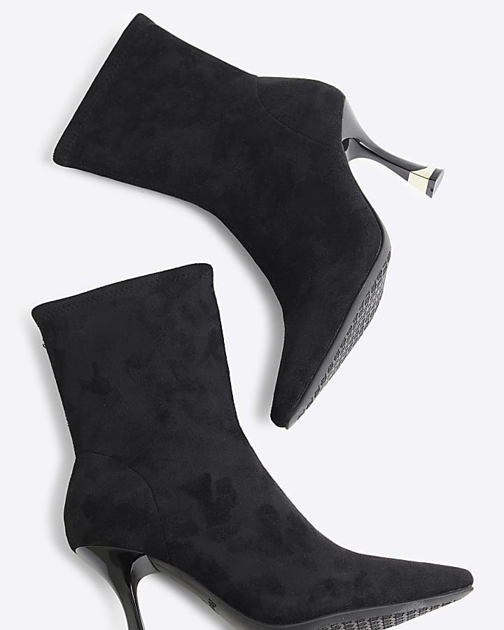 Black Faux Suede Heeled Sock Boots