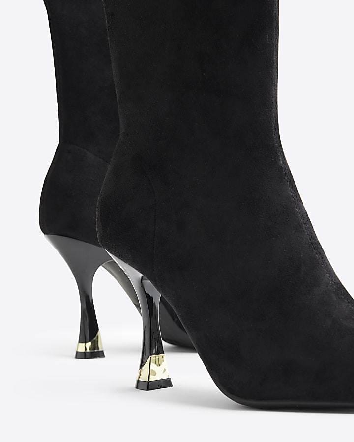 Black Faux Suede Heeled Sock Boots