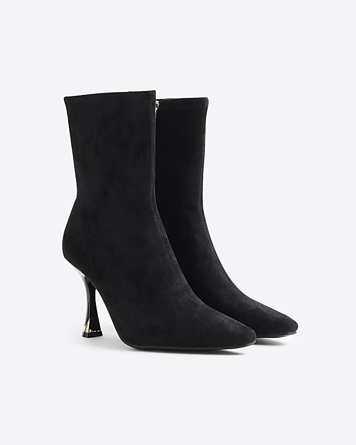 Black Faux Suede Heeled Sock Boots