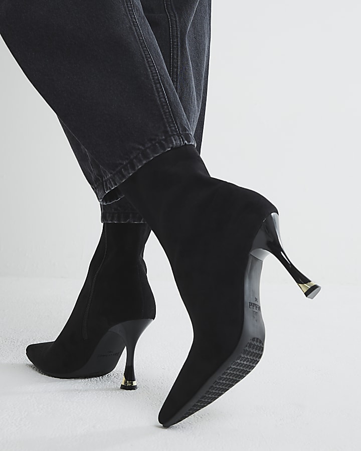 Black Faux Suede Heeled Sock Boots