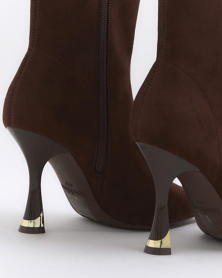 Brown Suedette Heeled Sock Boots