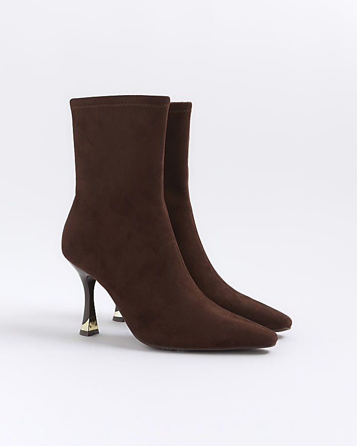 Brown Faux Suede Heeled Sock Boots