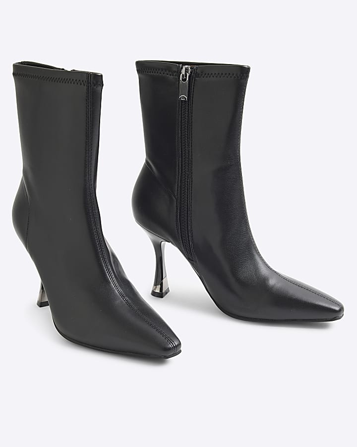 Black Faux Leather Heeled Sock Boots