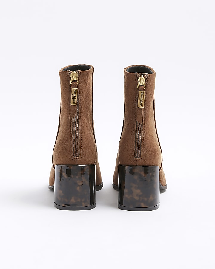 Brown suedette block heeled boots