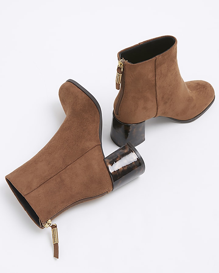 Brown suedette block heeled boots