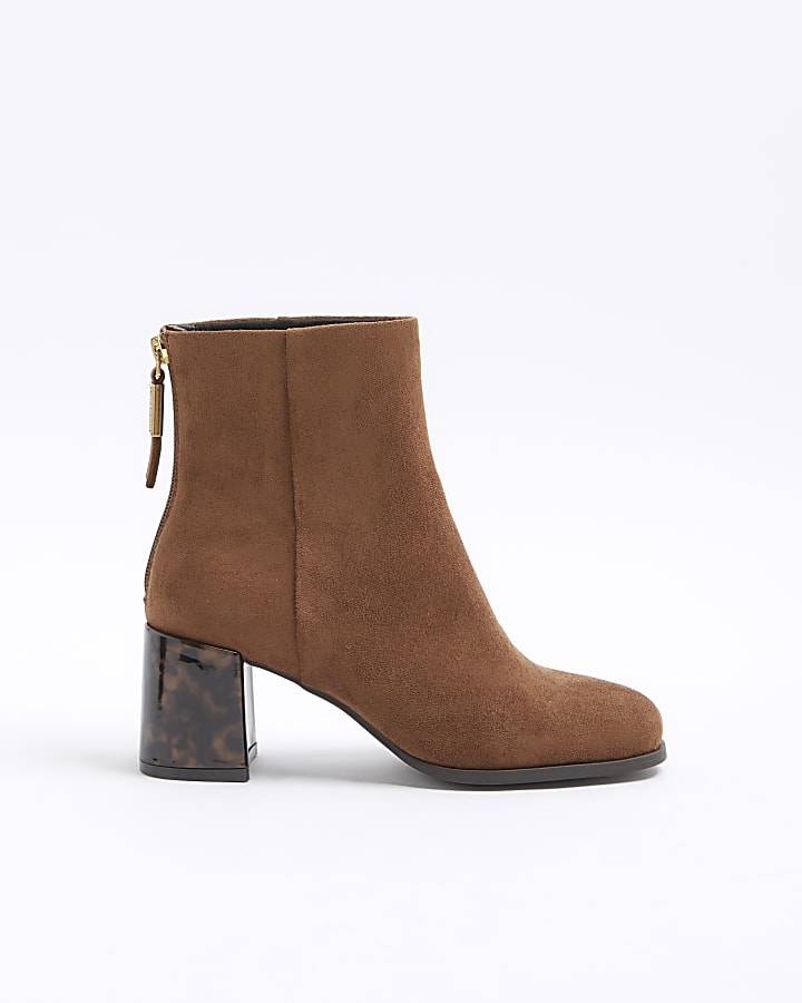 Brown suedette block heeled boots