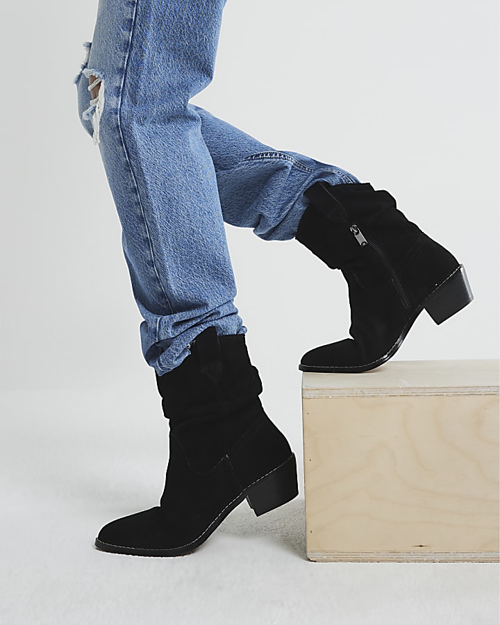 Black suede slouch western boots