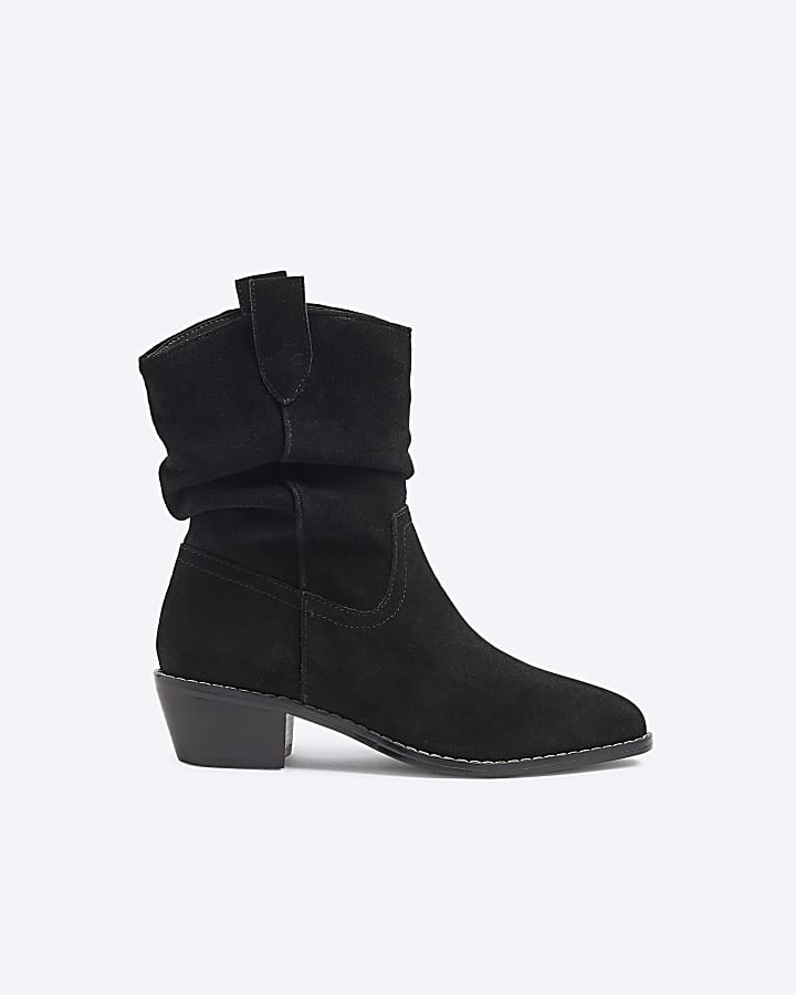 Black suede slouch western boots | River Island