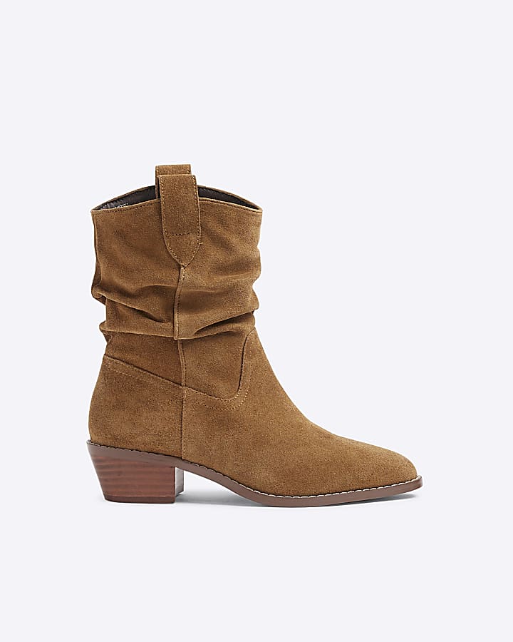 Beige suede slouch western boots