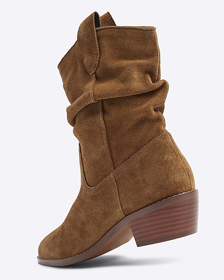 Beige suede slouch western boots