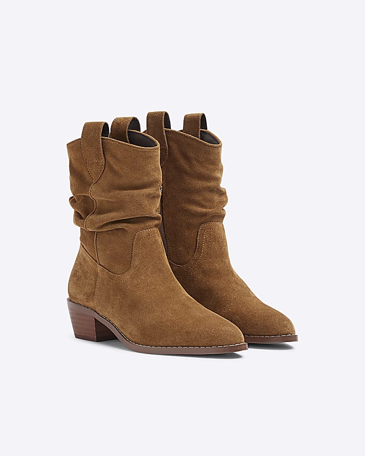 Beige suede slouch western boots