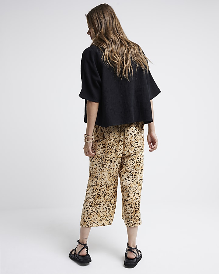 Brown leopard print crop wide leg trousers