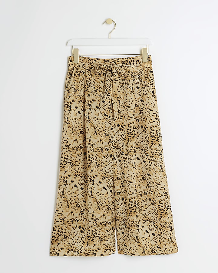 Brown leopard print crop wide leg trousers