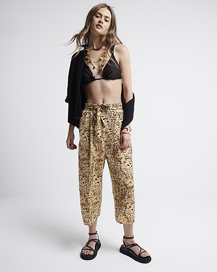 Brown leopard print crop wide leg trousers