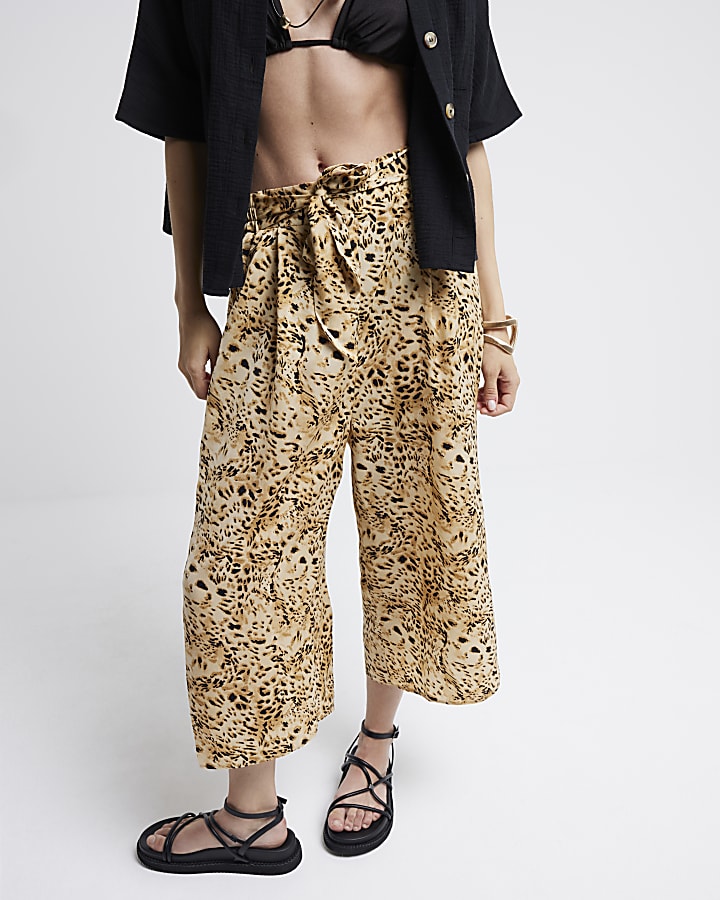 Brown leopard print crop wide leg trousers