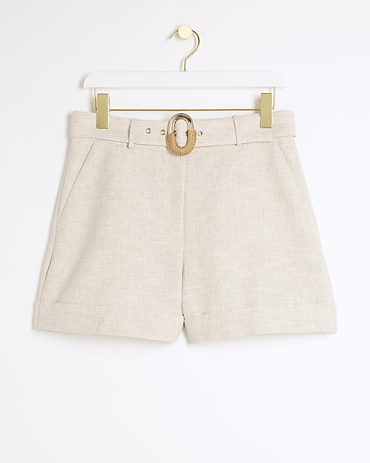 Beige linen blend belted shorts