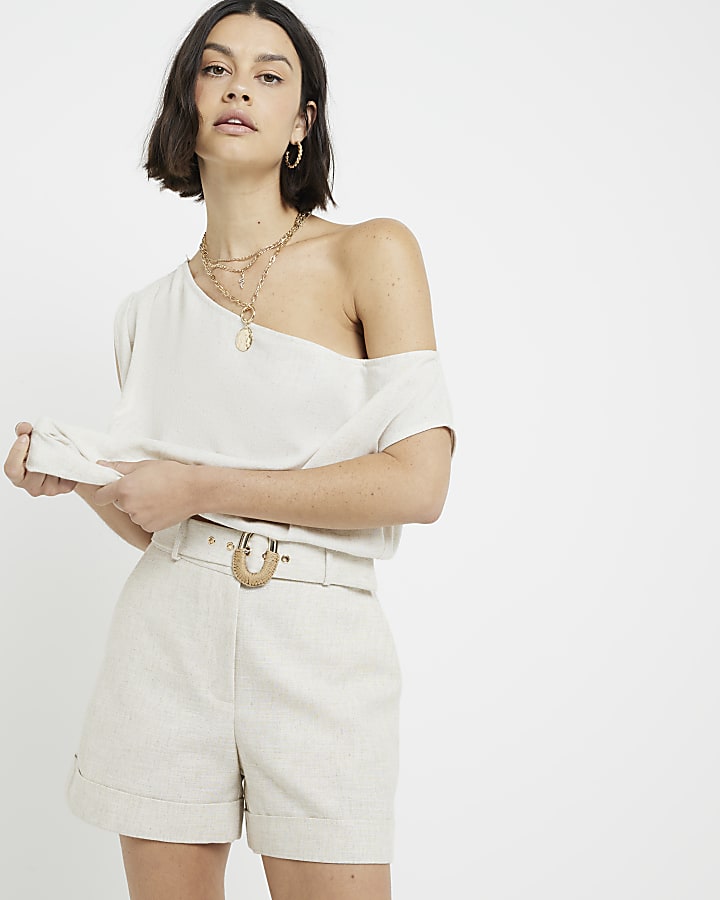 Beige linen blend belted shorts
