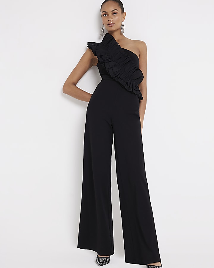 Black frill one shoulder jumpsuit