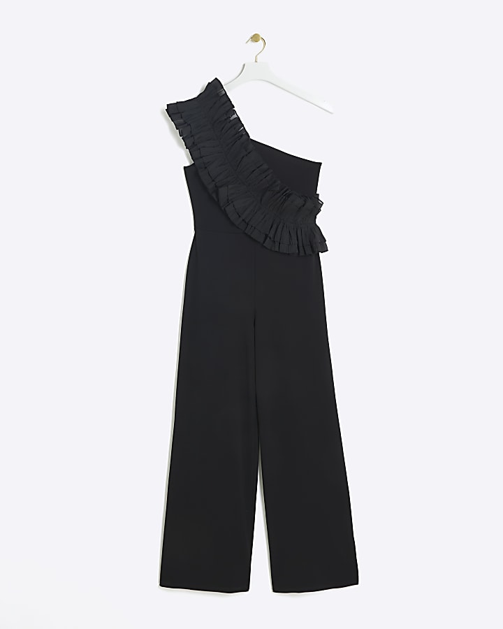 Black frill one shoulder jumpsuit