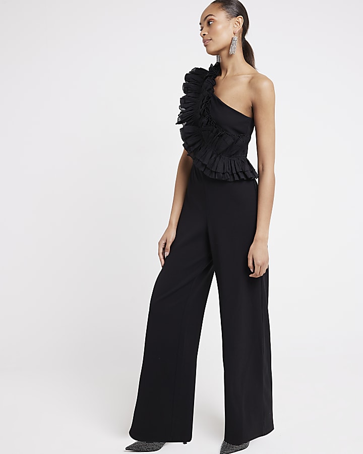 Black frill one shoulder jumpsuit