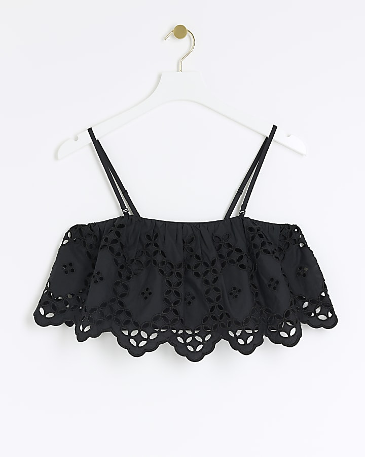 Black cropped broderie cami top