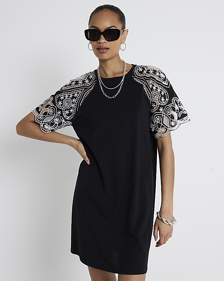 Black broderie sleeve mini t-shirt dress