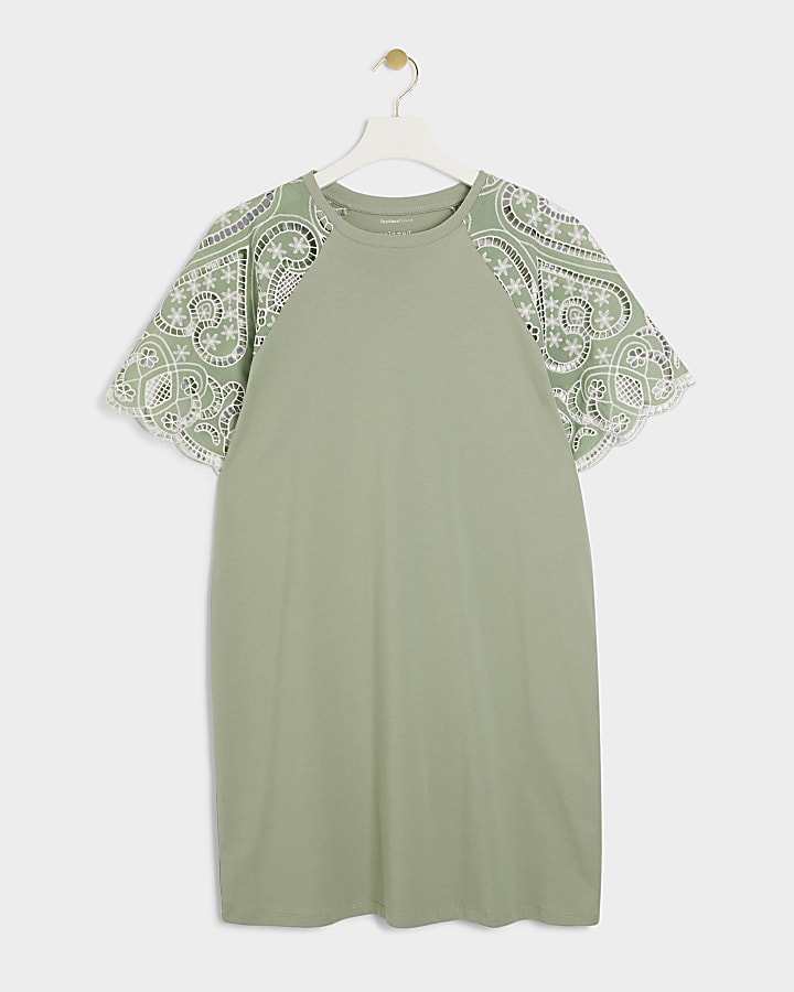 Khaki broderie sleeve mini t-shirt dress