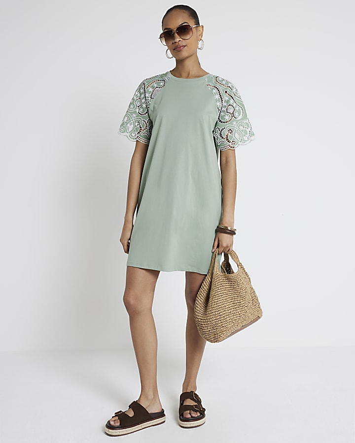 Khaki broderie sleeve mini t-shirt dress