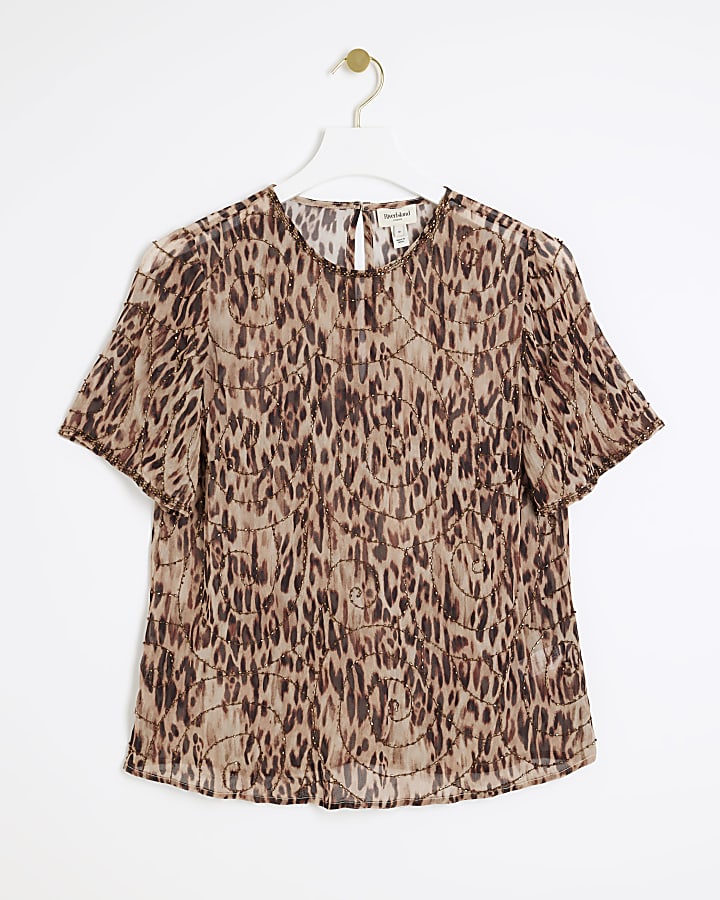 Brown leopard print embellished t-shirt