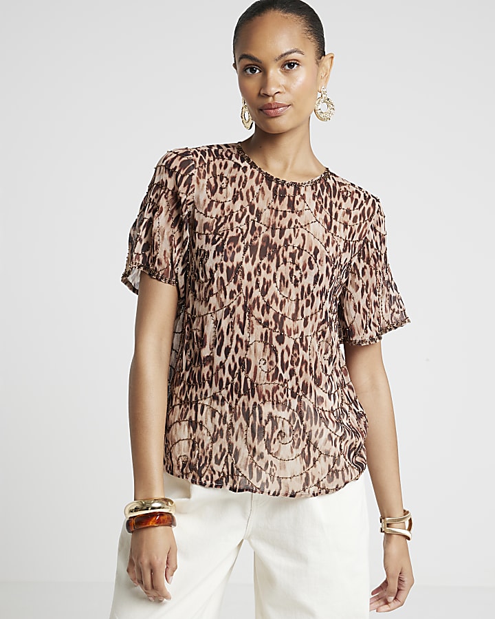 Brown leopard print embellished t-shirt