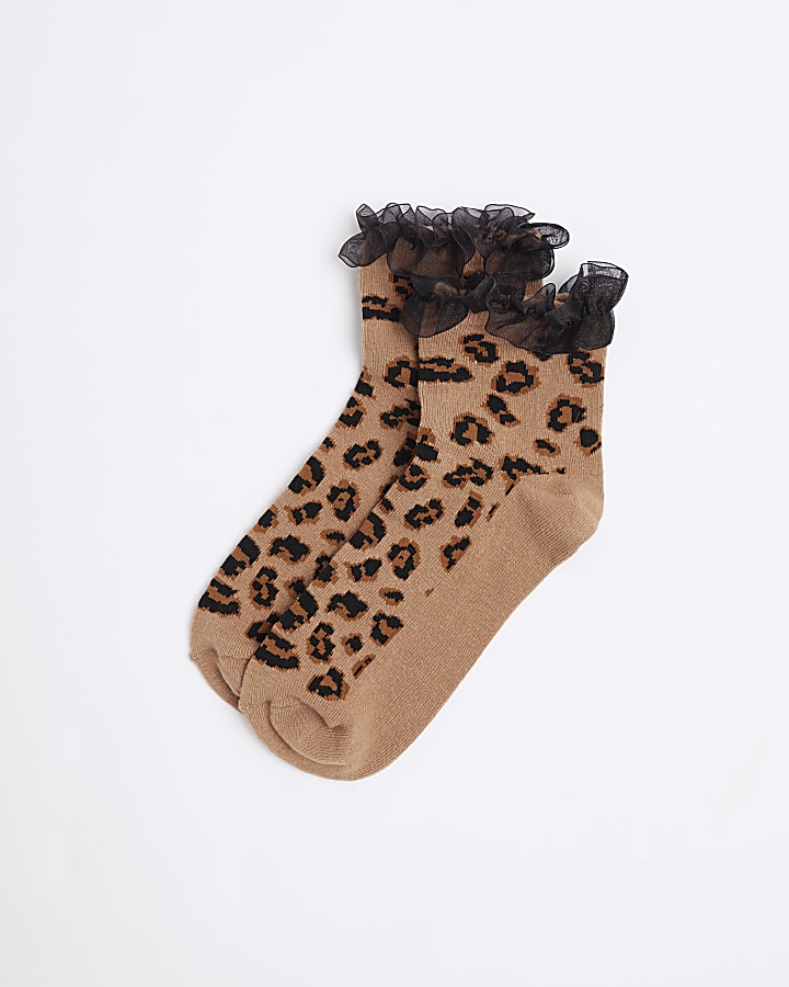 Beige leopard print frill socks