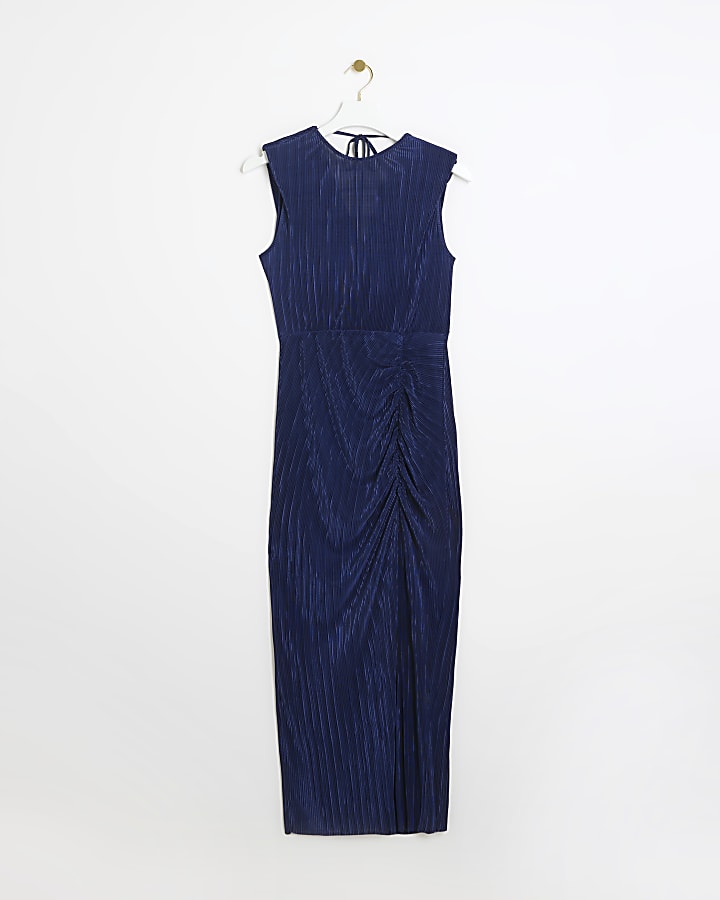 Navy plisse ruched side bodycon midi dress