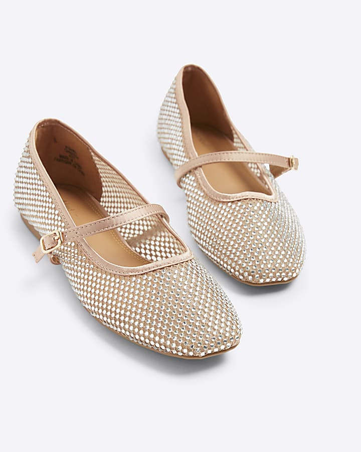 Beige mesh mary jane ballet pumps