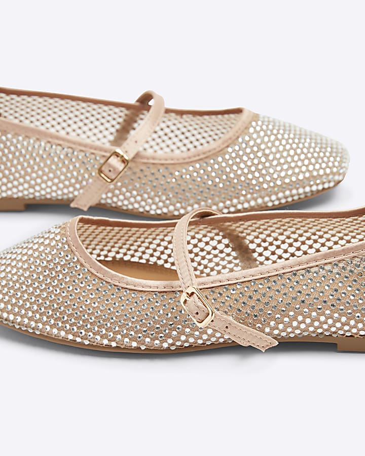 Beige mesh mary jane ballet pumps