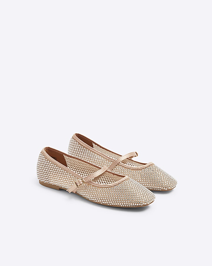 Beige mesh mary jane ballet pumps