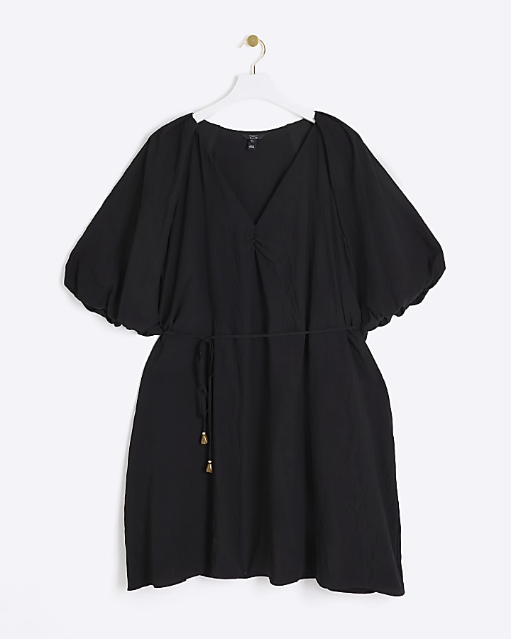 Plus black puff sleeve swing mini dress