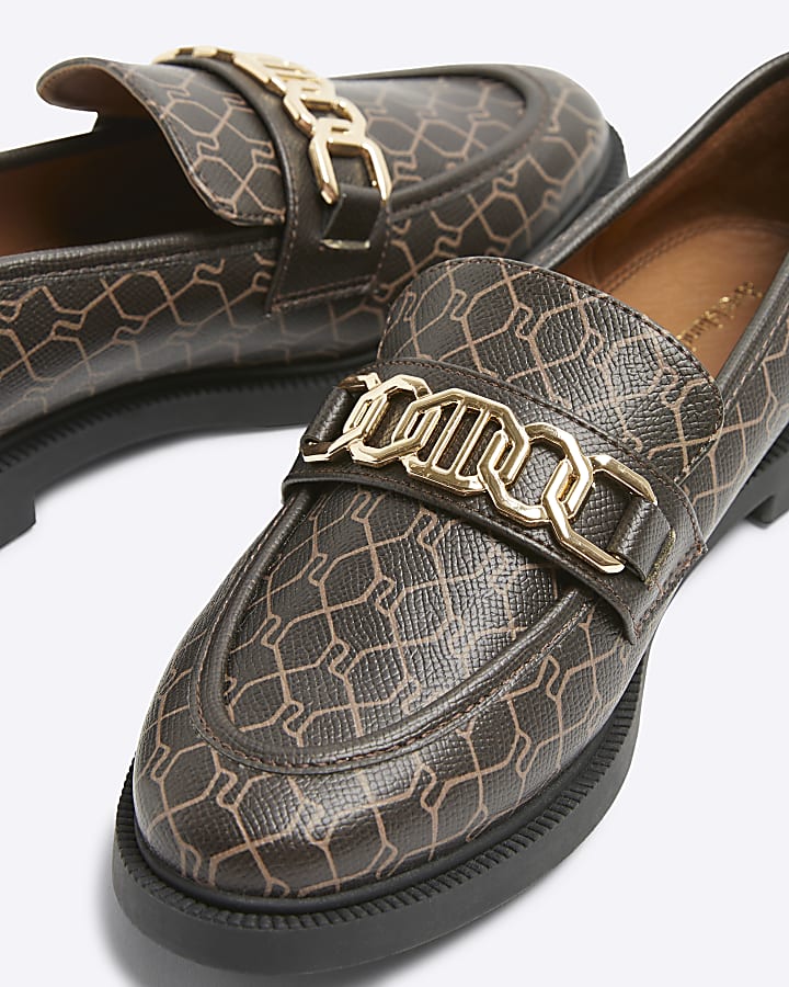 Brown monogram chain RI hardware loafers