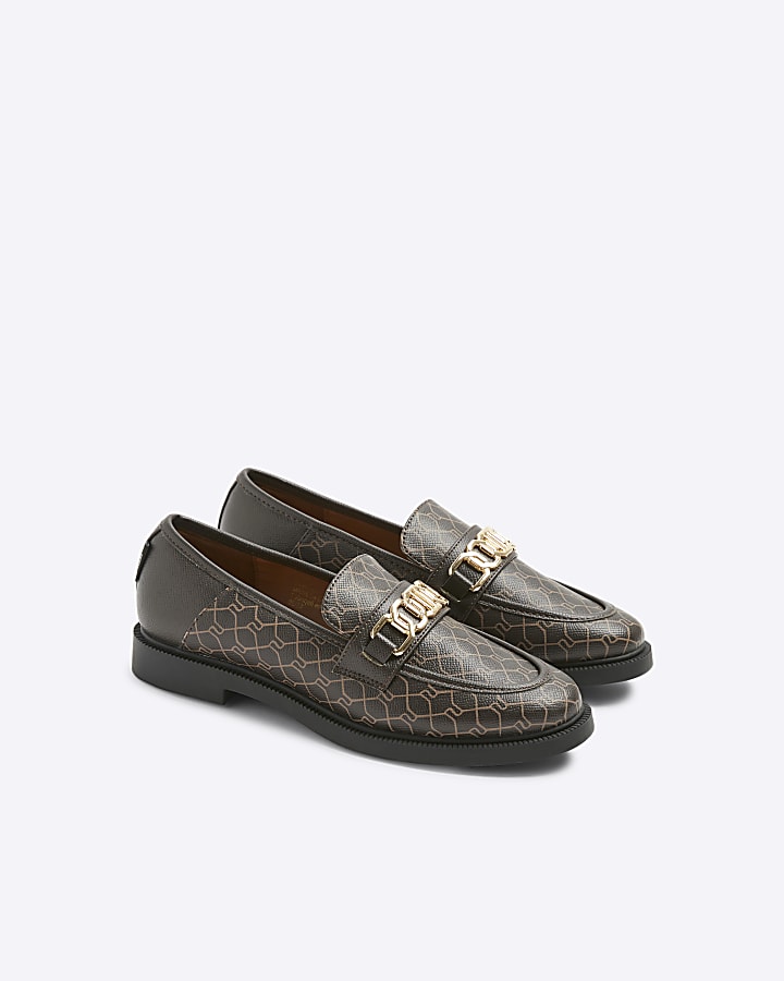 Brown monogram chain RI hardware loafers