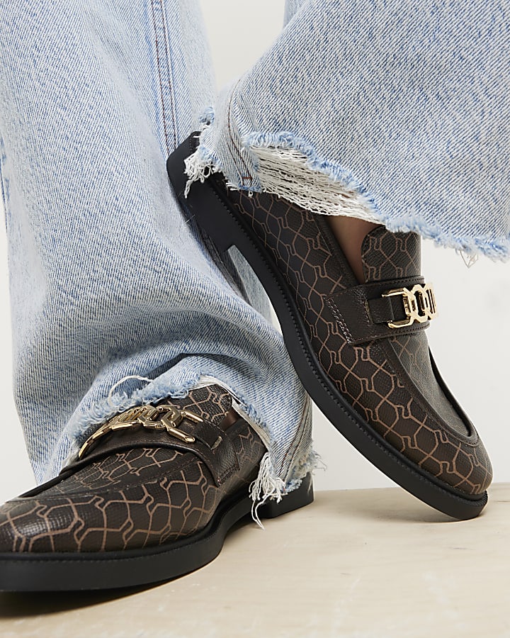 Brown monogram chain RI hardware loafers River Island