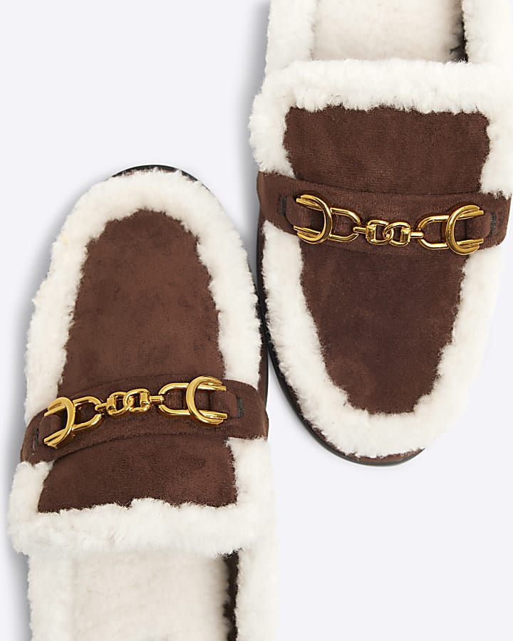 Brown faux fur mules