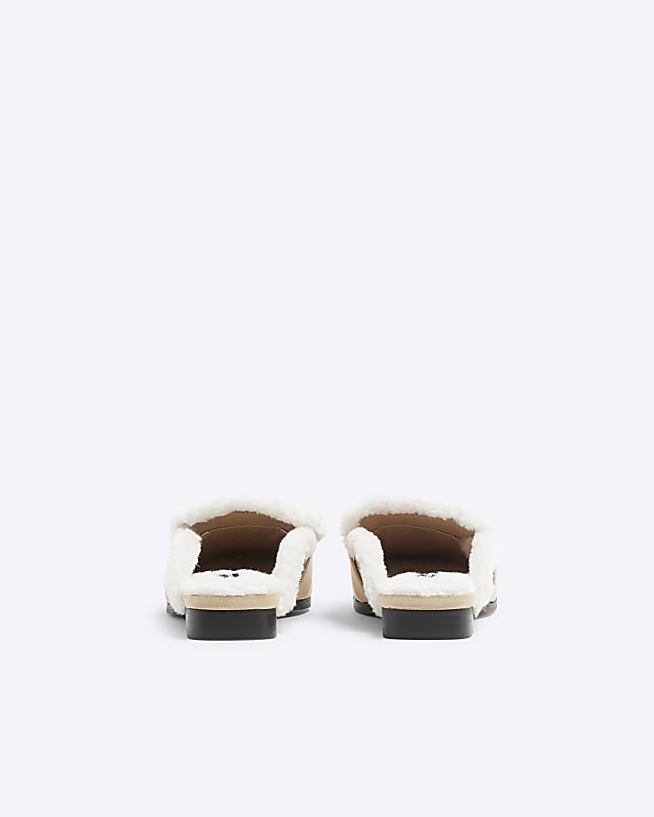 Beige faux fur mules