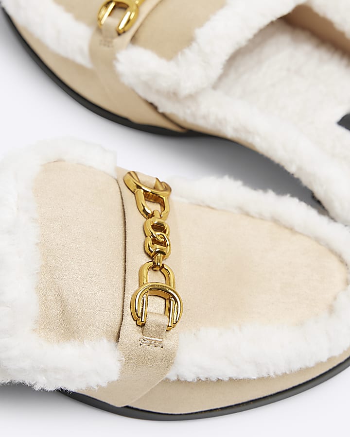 Beige faux fur mules