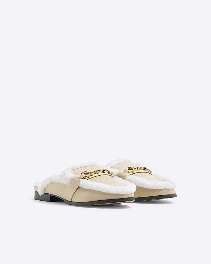 Beige faux fur mules