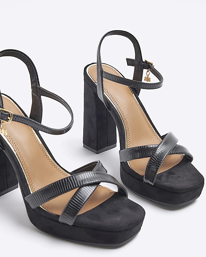 Black crossed strap heeled sandals