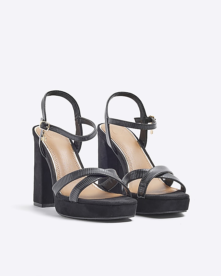 Black crossed strap heeled sandals