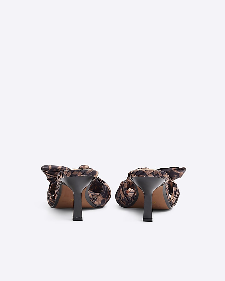 Brown ruched bow mule heeled sandals