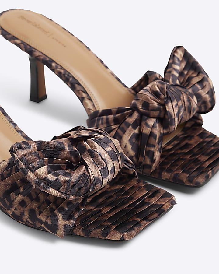 Brown ruched bow mule heeled sandals