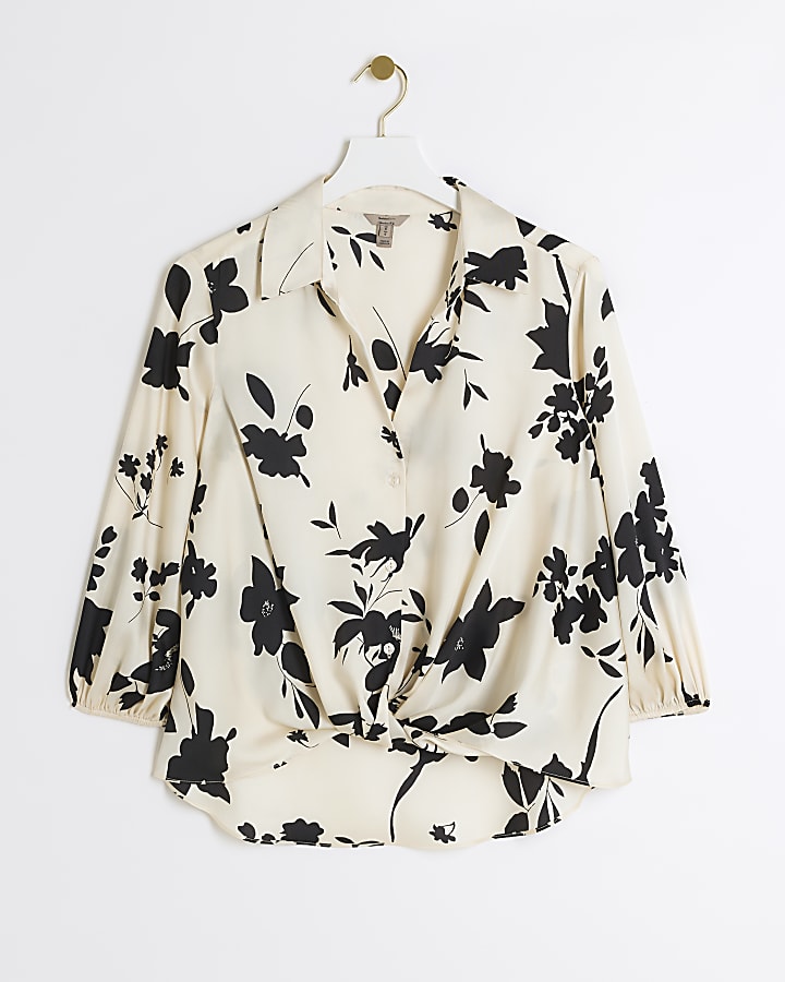 Cream floral print wrap shirt